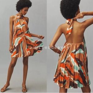 Anthropologie Hutch Pleated Halter Open Back Mini Dress Brown Orange M NWT
